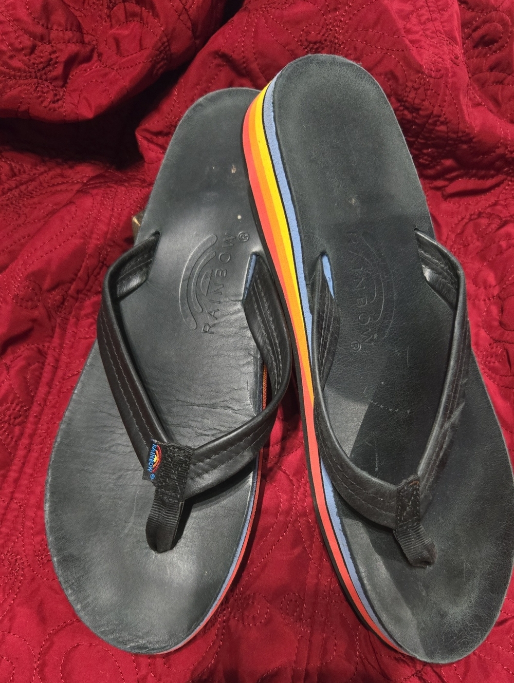Rainbow Black Leather Women's Sandals with Rainbow Stripe Midsole